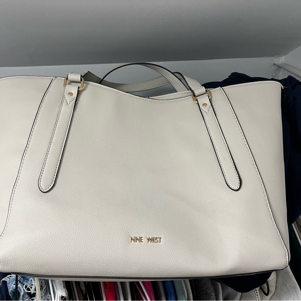 Nine West Cream Tote with Pebbled Texture and Structured Design